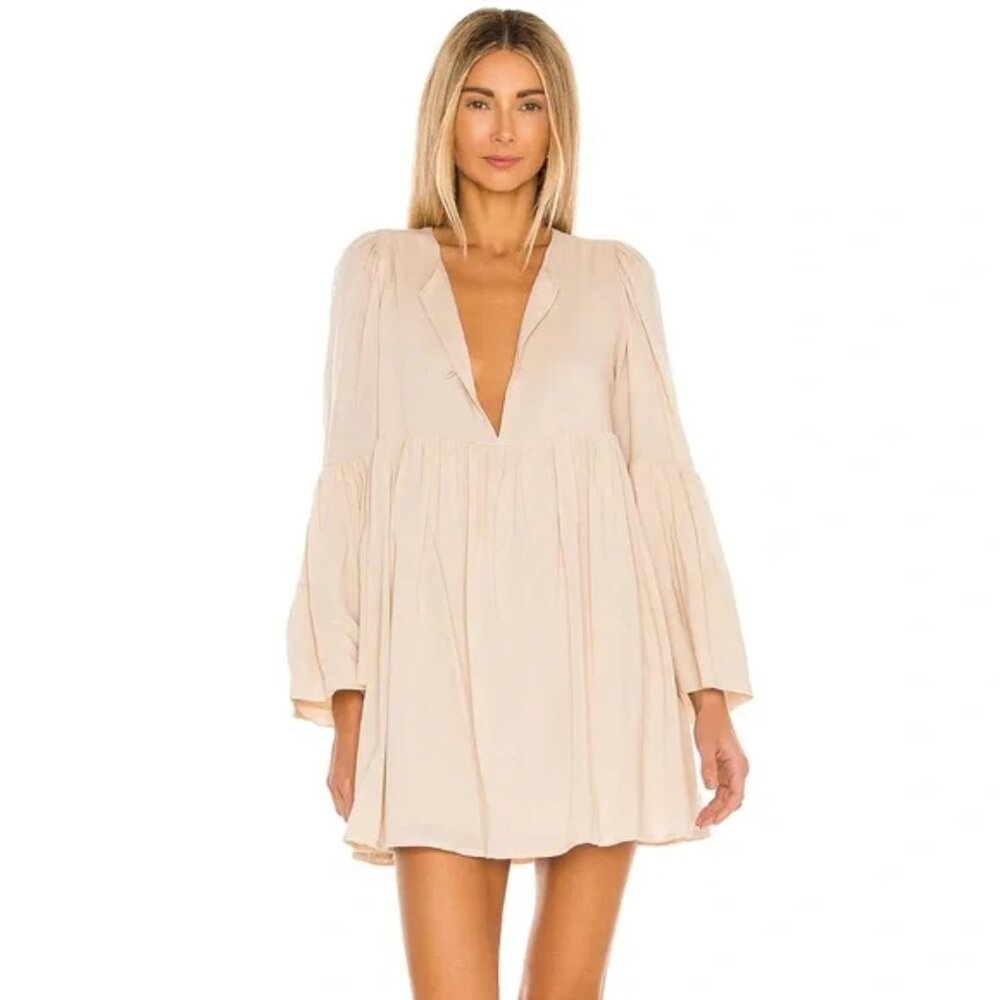 Indah Sand Lyocell V-Neck Bell Sleeve Babydoll Mini Dress Beige Small